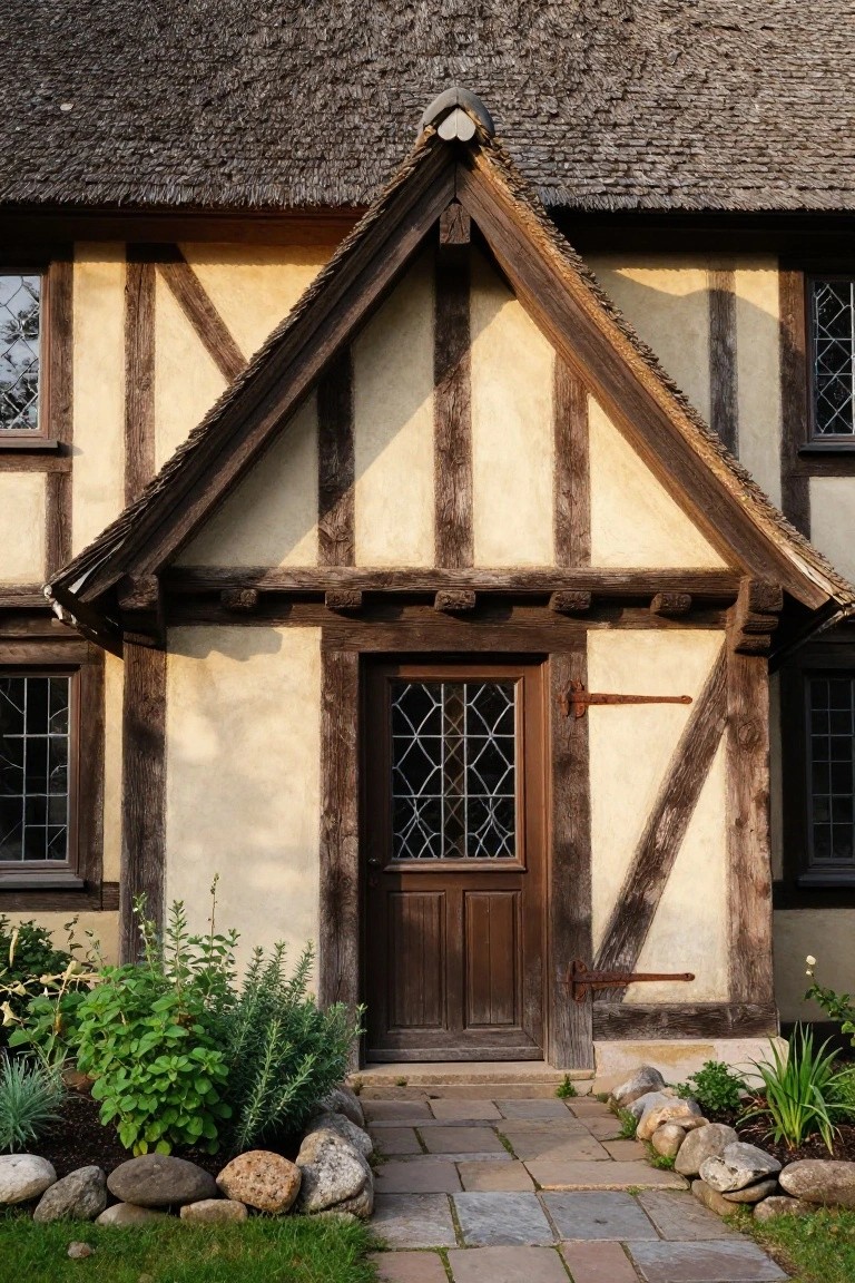 A half-timbered house facade with thatched roof and pale stucco walls, featuring a wooden front door under a small gabled porch with leaded glass windows, surrounded by garden beds with plants and rocks, and a stone pathway.