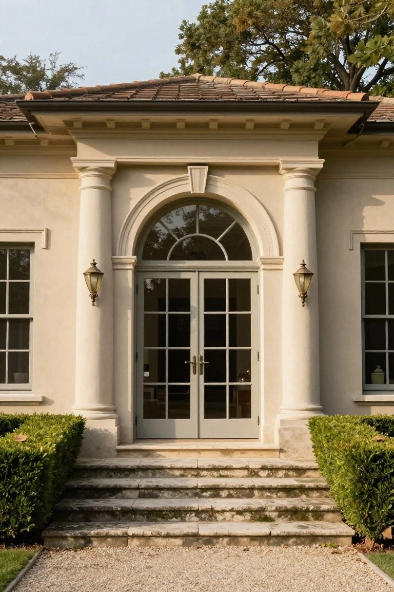 Light beige stucco house facade with two fluted columns supporting a pediment over double French doors and a semicircular arched fanlight window, flanked by wall lanterns and narrow windows, boxwood hedges, stone steps, and gravel path.