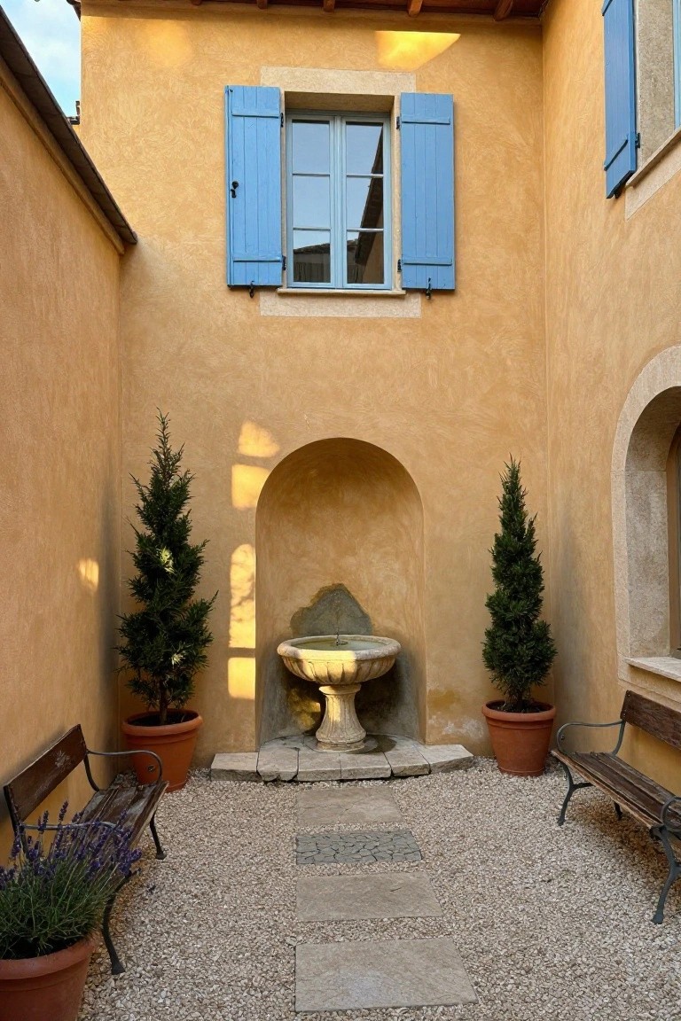 Enclosed courtyard with ochre stucco walls, blue shutters on windows, arched wall niche holding a stone fountain, potted cypress trees, wooden benches with lavender pots, gravel ground, and stone path.