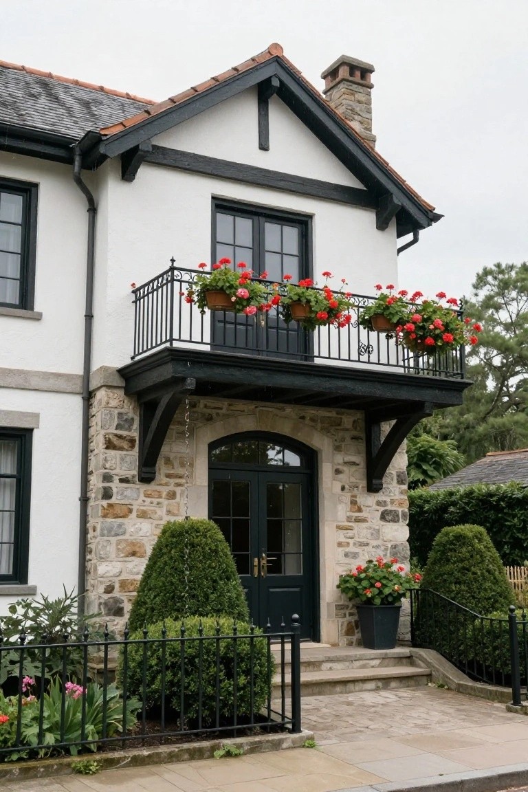 A two-story house facade with white stucco walls, black timber framing, a second-floor wrought-iron balcony with red geranium planters, stone base around an arched black entry door, flanked by boxwood shrubs and a black iron fence on a paved walkway.