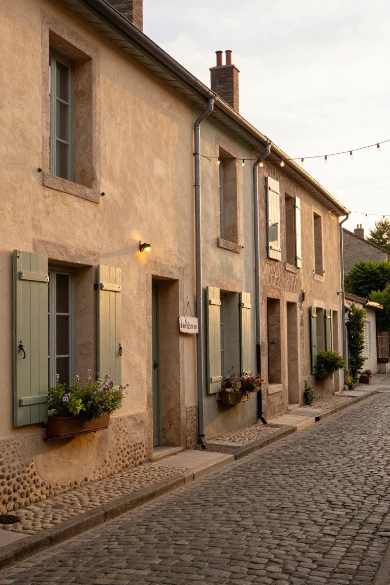 Beige plaster house facade with green wooden shutters, a window flower box filled with purple and green plants, green entry door with a welcome sign, cobblestone street, string lights overhead, and adjacent houses.