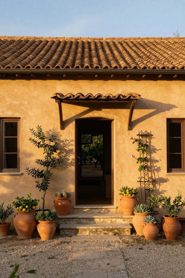 Ochre stucco Italian farmhouse exterior with terracotta tile roof, open wooden door under a tiled awning, flanked by large terracotta pots containing citrus trees, olive trees, succulents, and agaves on a gravel path with stone steps.