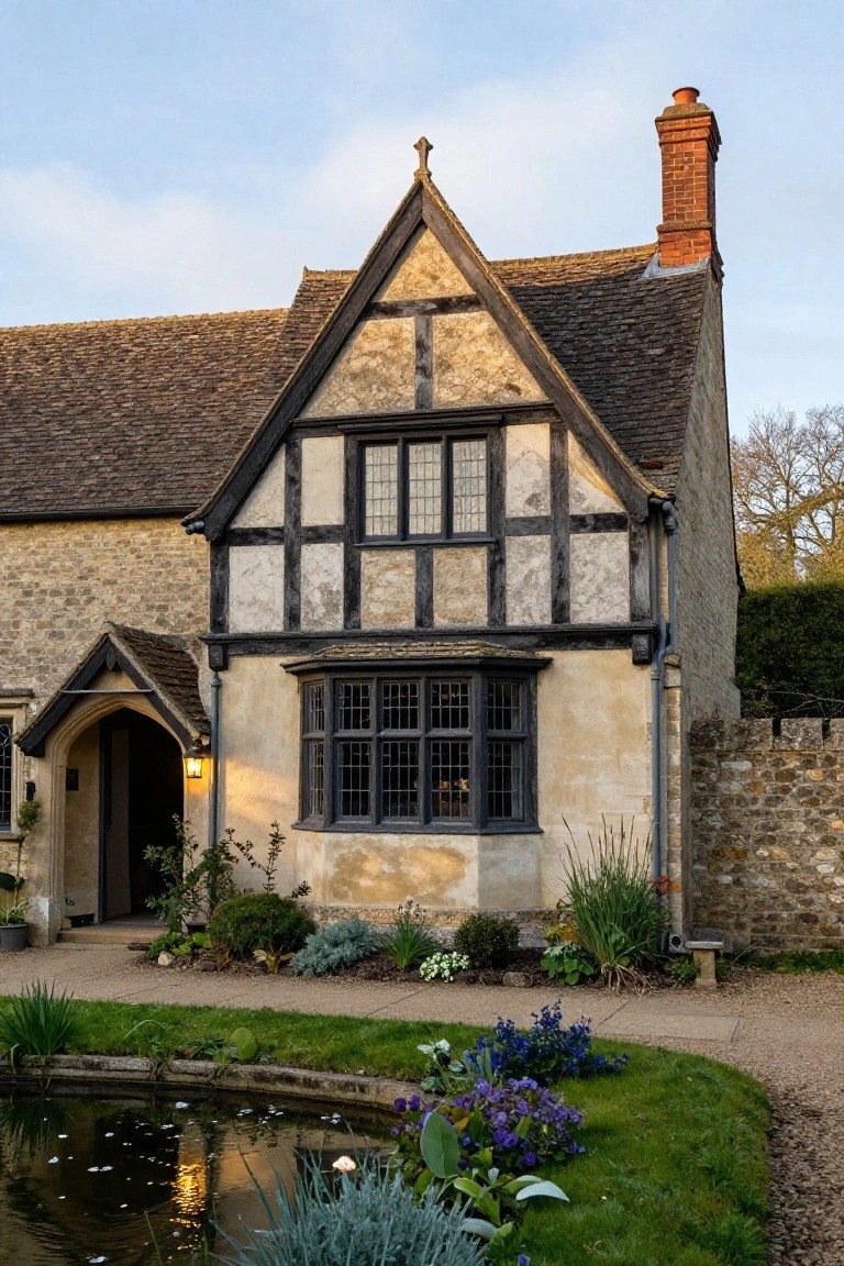 Tudor-style house exterior with dark half-timber framing on light stone walls, steep gabled roof, projecting bay window, arched entry porch, brick chimney, and front garden featuring plants, path, and small pond.