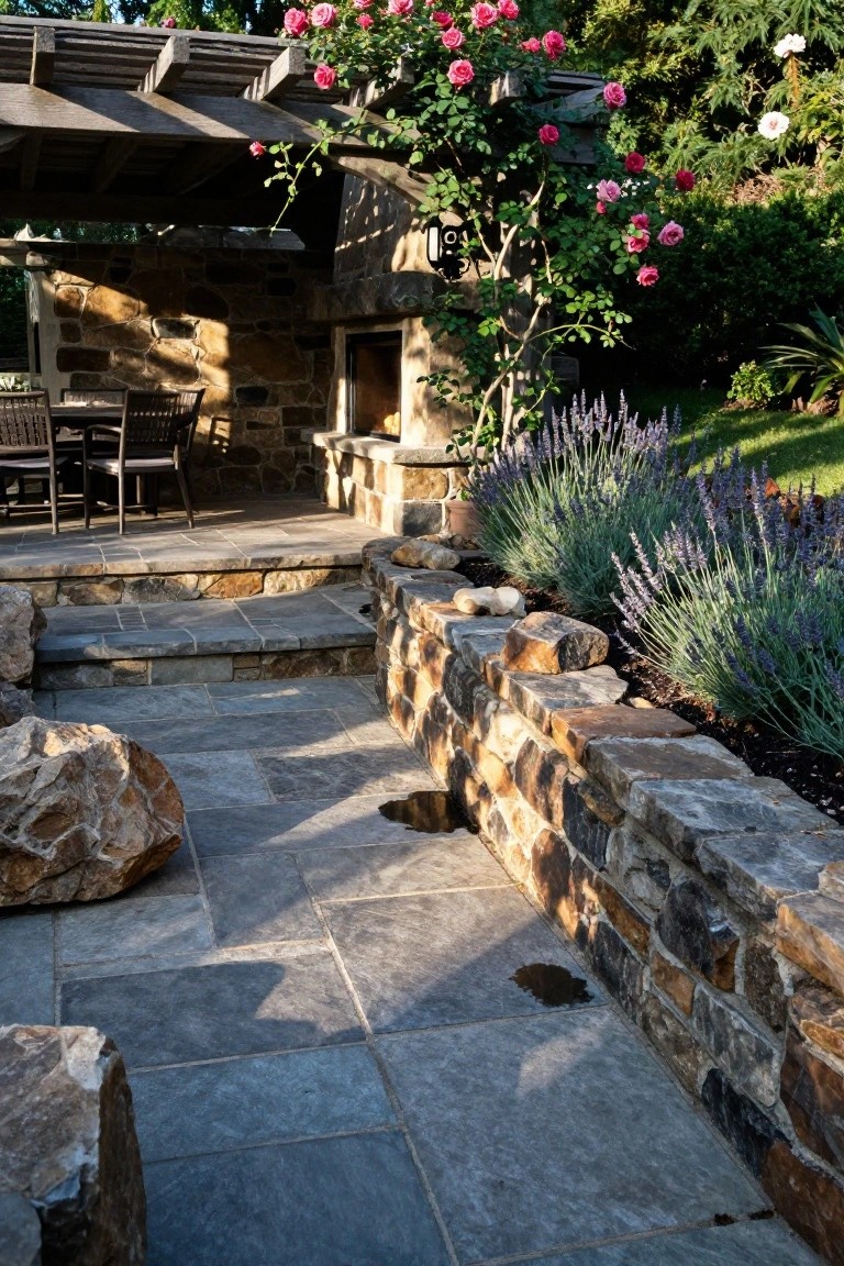 Stone-walled outdoor patio under wooden pergola draped with pink roses, featuring built-in fireplace, table and chairs, slate tile floor with steps, lavender plants along wall, and large boulders.