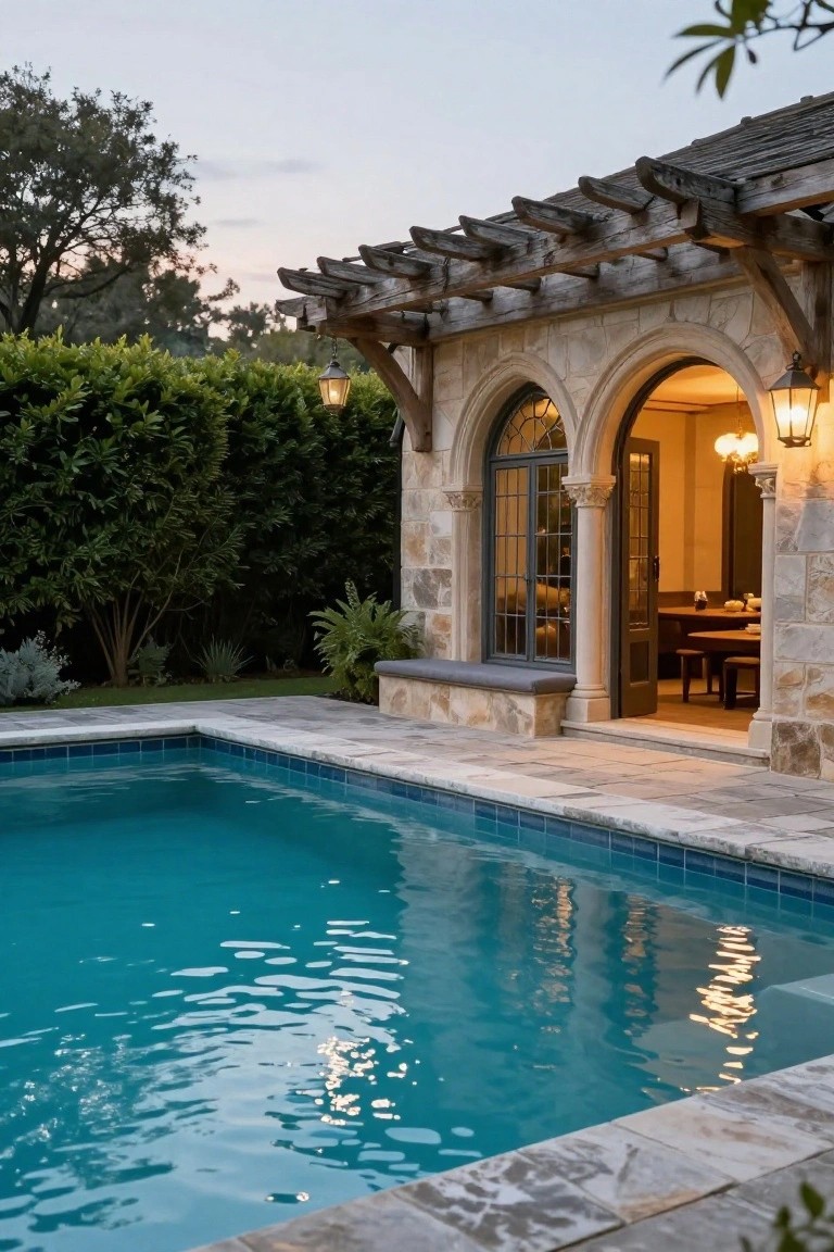 Stone loggia with arched glass doors open to an indoor dining area, wooden pergola roof, built-in bench, adjacent turquoise pool deck, hedges and plants around at dusk.