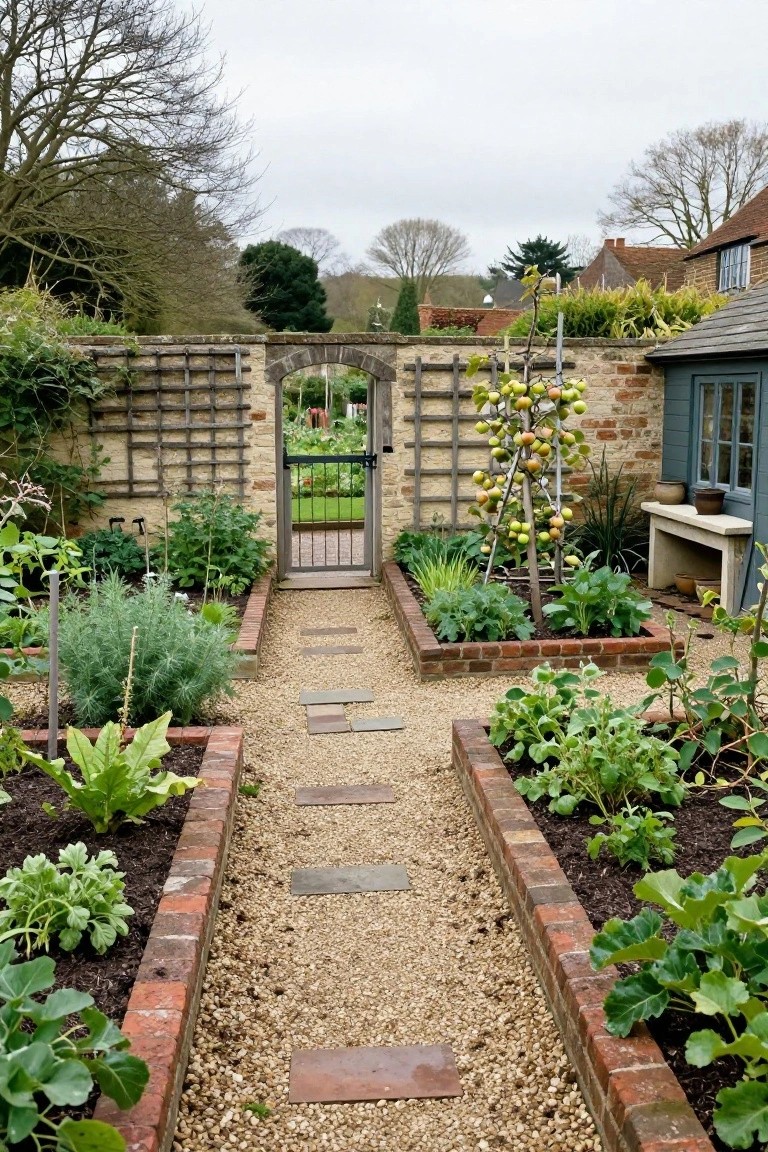 Gravel pathway bordered by raised brick garden beds planted with vegetables and herbs leads to a metal gate under an arched stone trellis in a walled yard with an espaliered fruit tree and outbuilding.