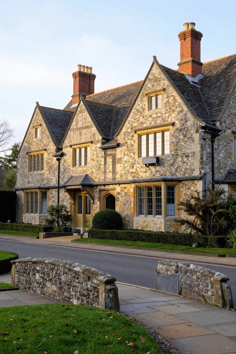 A two-story stone house in Tudor style with multiple gabled roofs, brick chimneys, timber-framed windows, a front porch with yellow door, hedges, potted plants, and a stone bridge on a paved street.