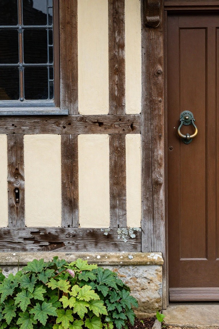Close-up view of a Tudor-style house exterior featuring dark timber beams on cream-colored plaster walls, a dark wood front door with green bronze knocker, a leaded glass window, stone base, and green leafy plants at the bottom.