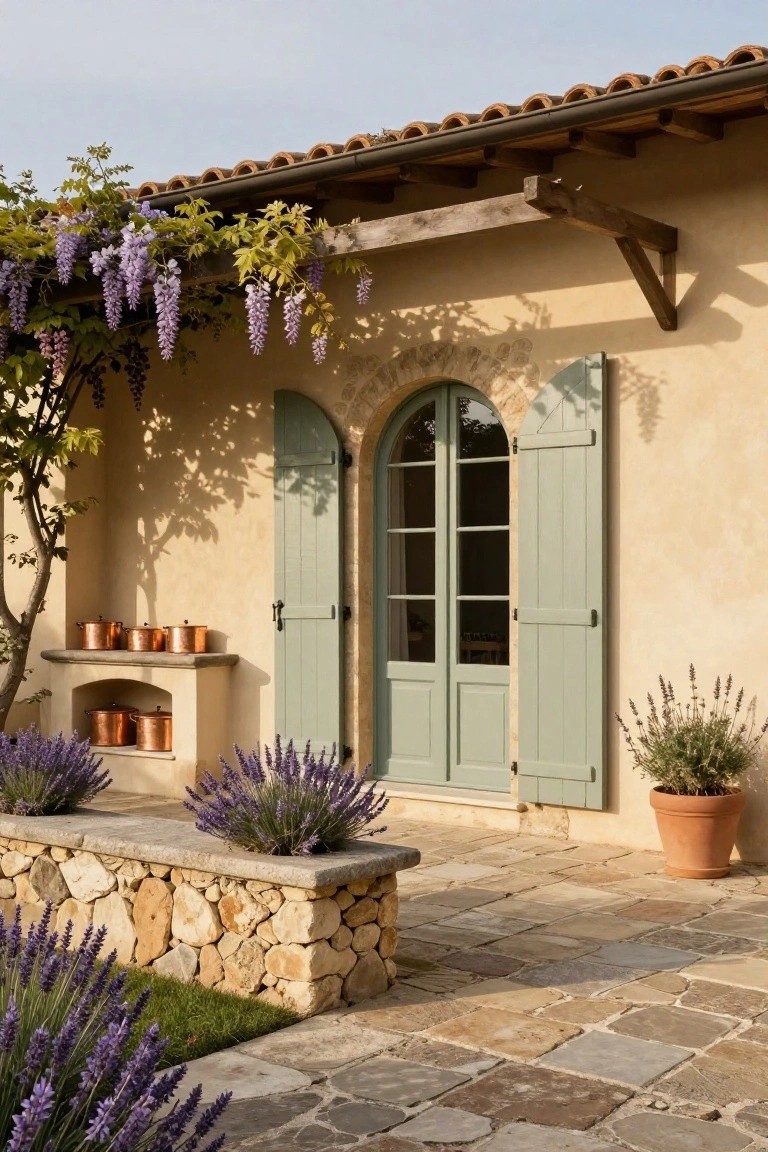 Beige stucco house exterior with terracotta tile roof, arched double glass doors and matching sage green shutters, wisteria vine overhead, stone bench with copper pots and lavender plants, and stone paver patio.