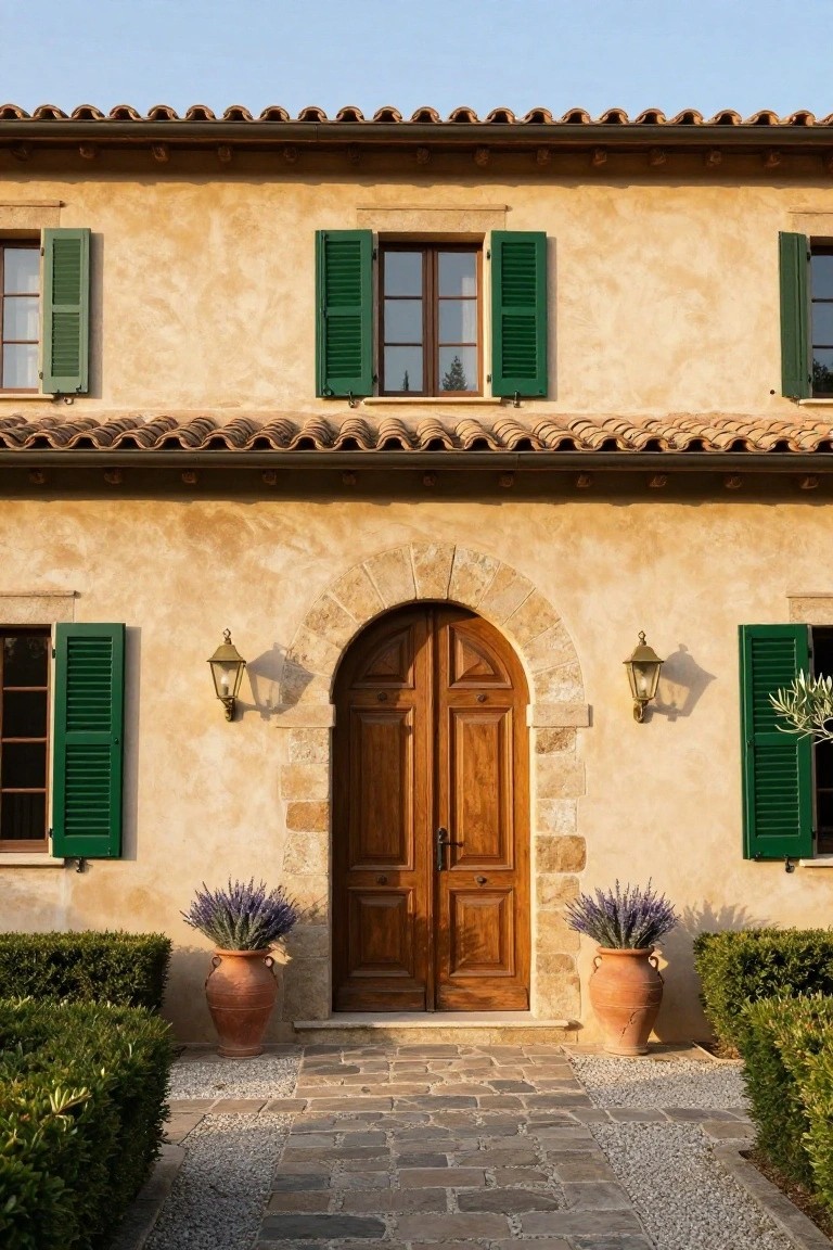 Beige stucco house facade with green shutters on windows, central arched wooden double door entry flanked by wall lanterns and terracotta pots of lavender, boxwood hedges, and stone pathway.