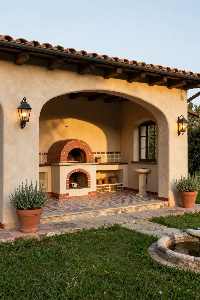 Arched stucco outdoor kitchen pavilion with red brick domed pizza oven, white tiled counter and sink, potted plants, hanging lanterns, terracotta pots, tiled patio, and nearby stone fountain in grassy yard.