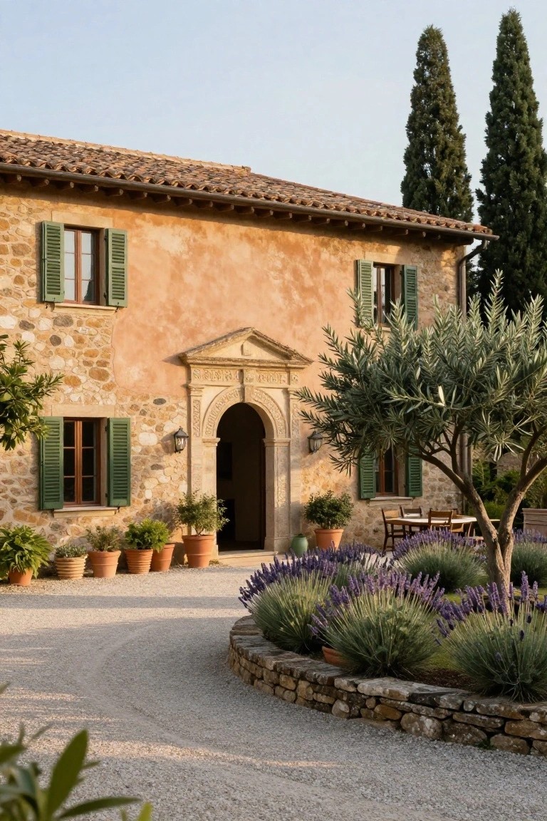 Ochre plaster house with stone base and green shutters, featuring a tall arched entry door with lanterns, flanked by potted plants, olive tree, lavender beds, and curved gravel path.