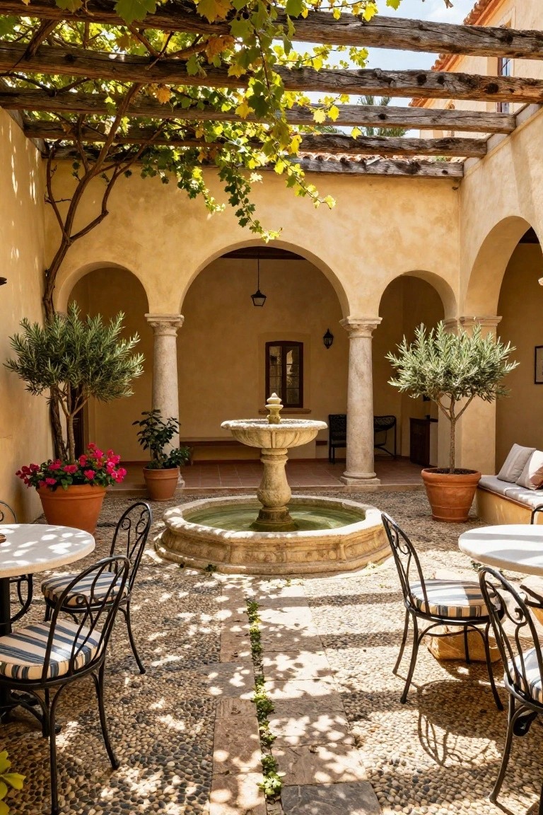 A sunlit courtyard patio with a central stone fountain, white round tables and striped bistro chairs on pebble flooring, flanked by potted olive trees and red flowers, under a vine-covered wooden pergola with arched beige walls.