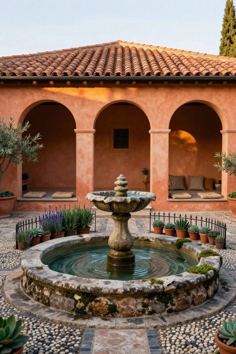 Pink stucco building with terracotta roof and arched loggia overlooking a central stone fountain in a pebble-paved courtyard with potted plants, olive trees, and built-in cushioned benches.