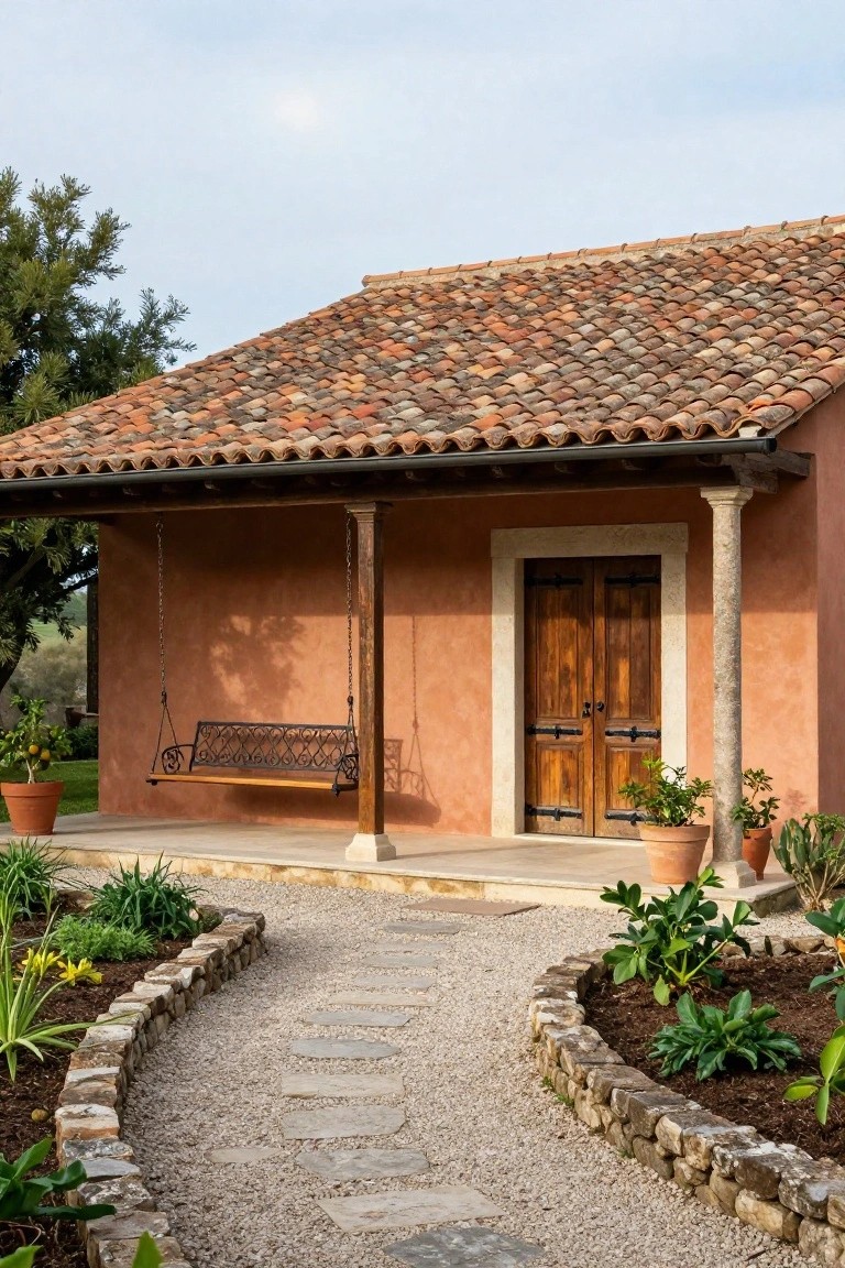 Peach stucco house exterior with terracotta tile roof, covered porch on stone columns, hanging wrought-iron swing, wooden double doors, stone gravel path edged with plants and pots.