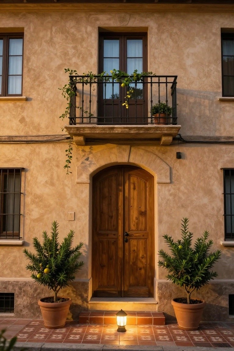 Beige stucco house exterior with dark wooden double doors under an arched entryway, flanked by two terracotta pots of citrus trees bearing yellow fruit, a lit lantern on the tiled step, black metal grilles on side windows, and a balcony with ivy and potted plants above.