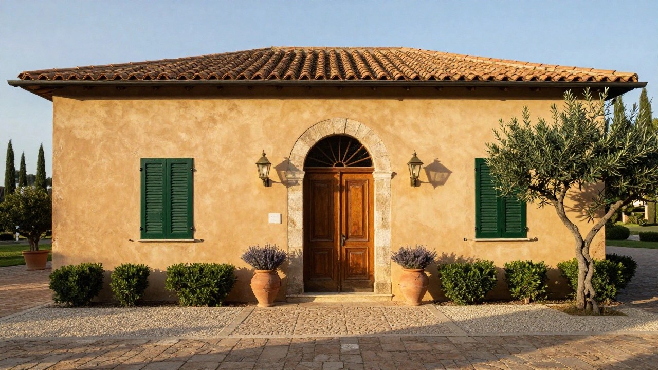 Beige stucco house facade with green shutters on windows, central arched wooden double door entry flanked by wall lanterns and terracotta pots of lavender, boxwood hedges, and stone pathway.