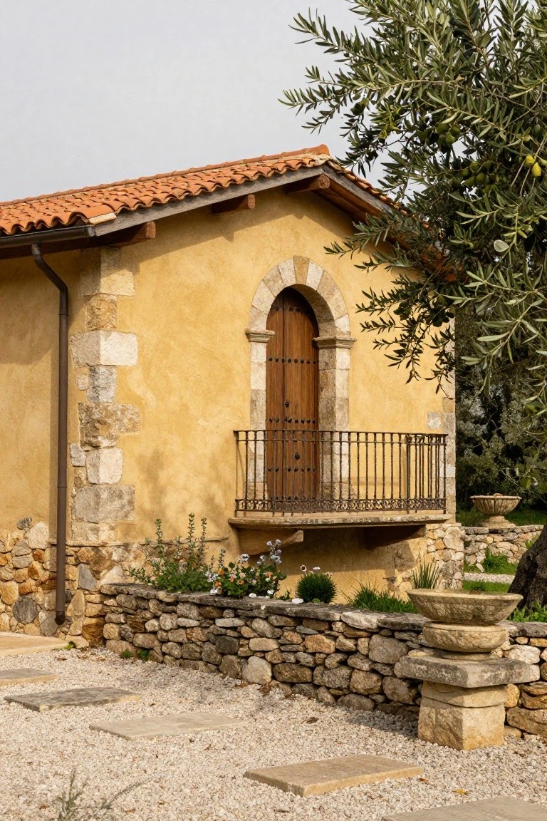 A Tuscan-style house exterior featuring ochre stucco walls with stone corners and base, terracotta tile roof, arched wooden door with wrought-iron balcony, olive tree, stone wall, and gravel path.