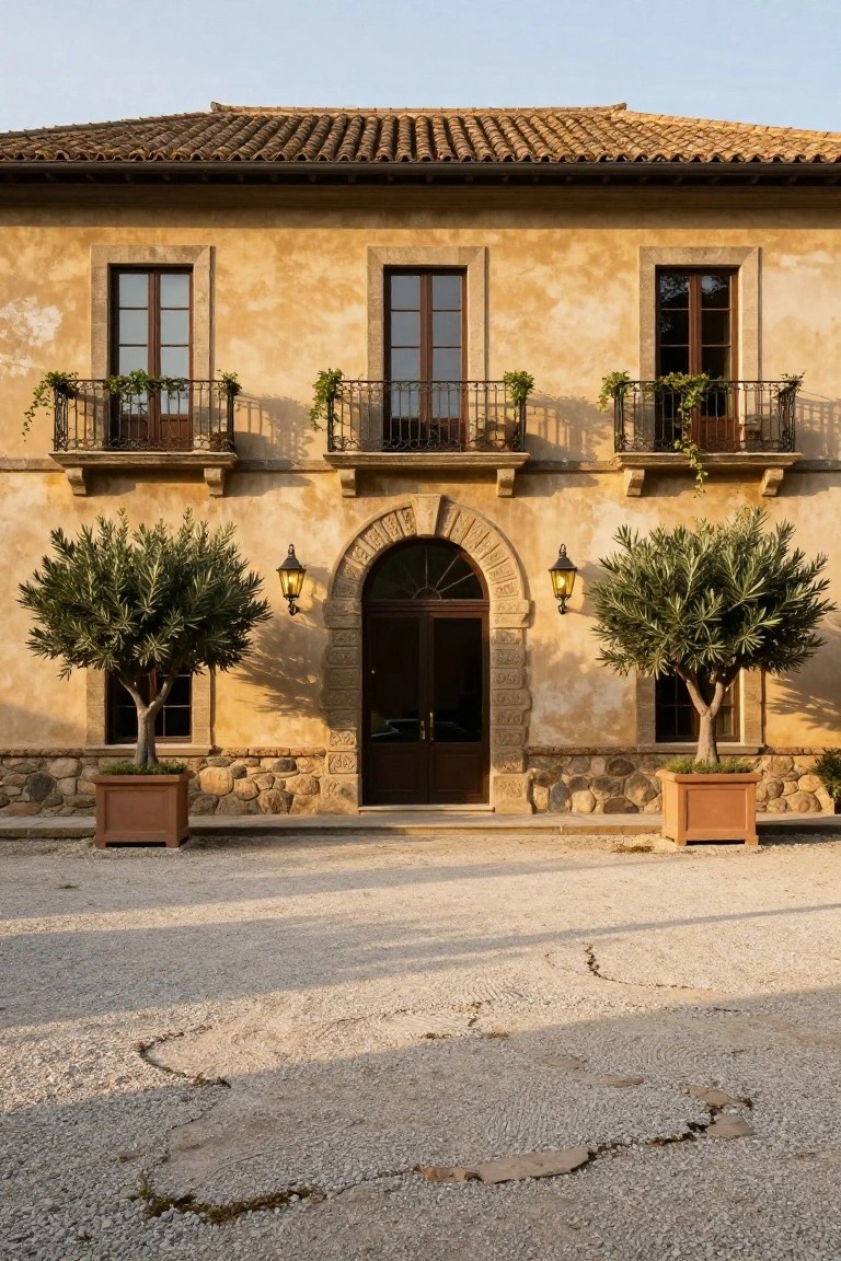 Mediterranean villa entrance with arched wooden door, potted olive trees, and gravel courtyard.