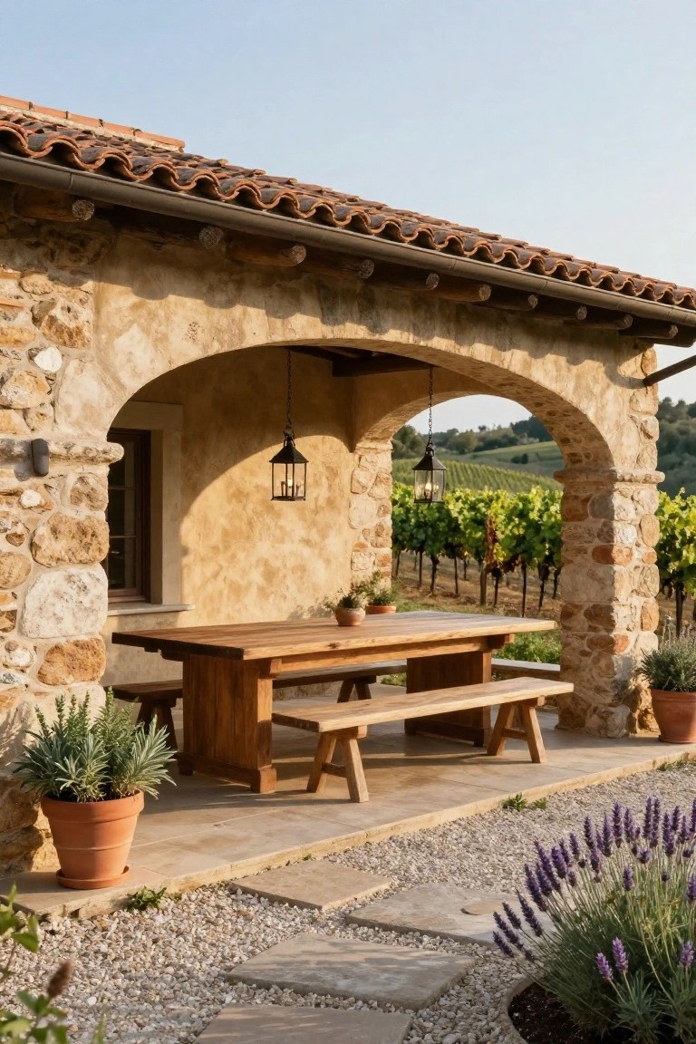 Stone and stucco arched covered terrace with long wooden dining table and benches, hanging lanterns, potted plants, gravel path, and vineyard hillside view.