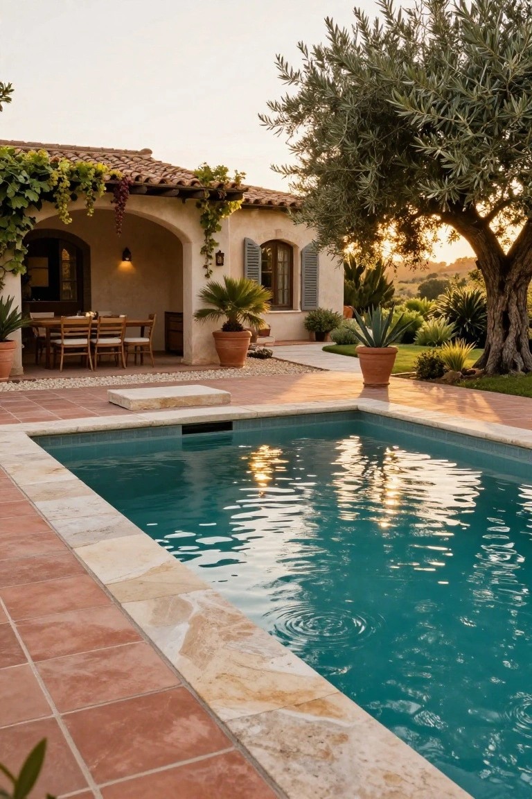 Terracotta-tiled terrace surrounding a rectangular pool with stone coping, adjacent to a stucco house with arched porch, wooden dining table, potted plants, palm trees, and large olive tree at sunset.
