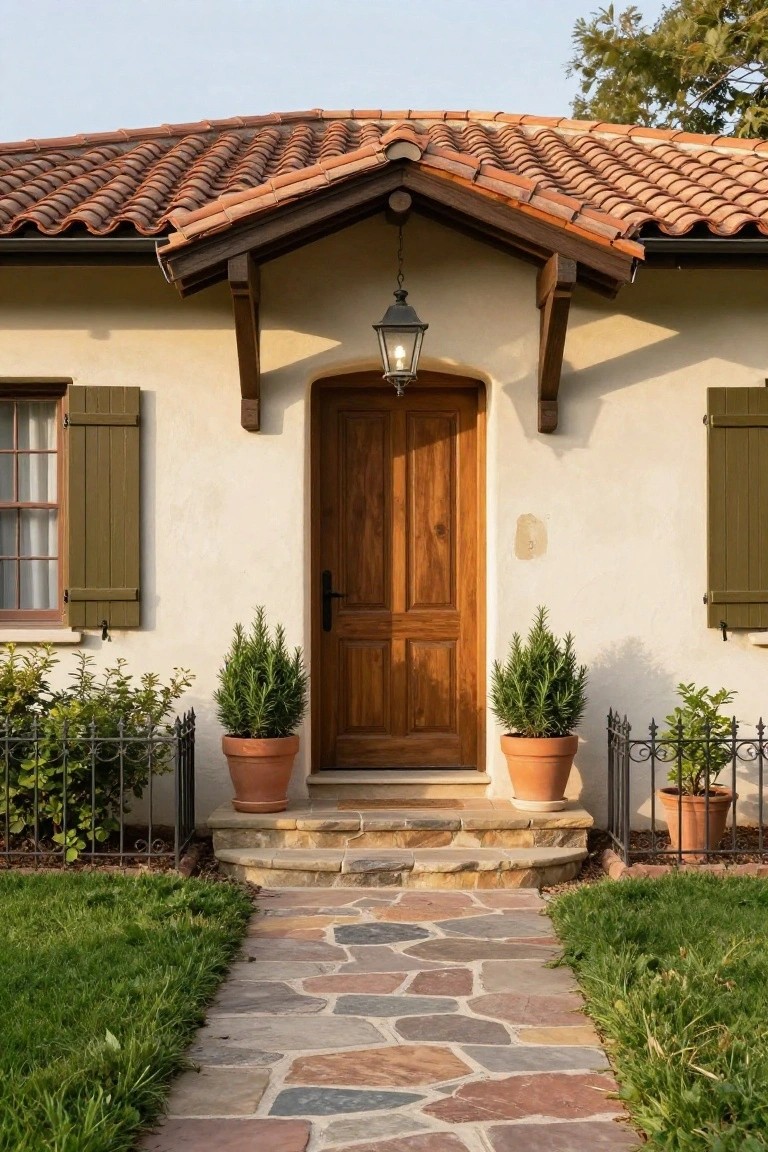 Beige stucco house facade with red tile roof, dark wooden paneled front door under wooden beam and hanging lantern, flanked by two terracotta pots of topiary evergreens on stone steps, green shutters on windows, flagstone path leading to entry.