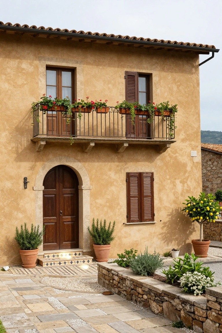 Beige stucco two-story house exterior with terracotta tile roof, wrought-iron balcony with red flower boxes, arched wooden front door flanked by potted plants, stone retaining wall with herbs, and pebble mosaic entry steps.