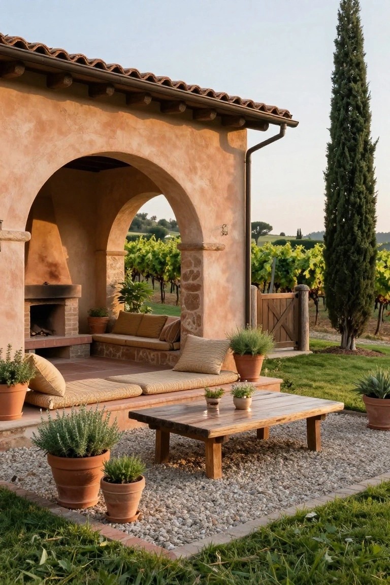 Arched outdoor loggia with stucco walls, stone fireplace, cushioned bench seating, low wooden table, potted plants on gravel patio, and vineyards in background.