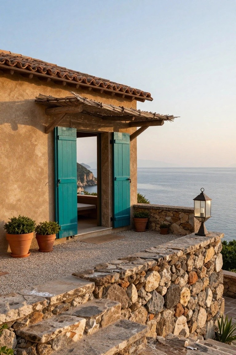 Ochre stucco house exterior with open turquoise shutters on double doors, wooden pergola overhang, terracotta tile roof, potted plants on gravel terrace, stone retaining wall and steps, iron lantern, overlooking sea cliffs at sunset.