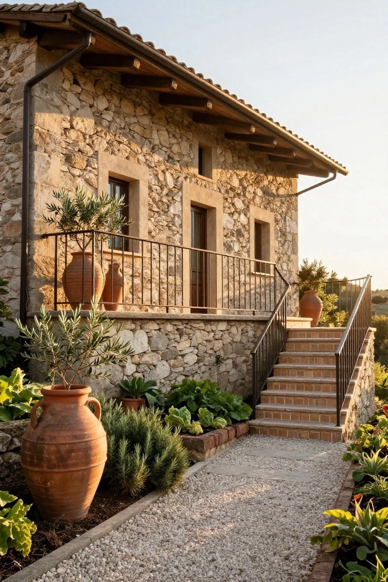Stone house exterior featuring irregular dry-stacked walls, terracotta tile roof, wrought-iron balcony with large terracotta pots and olive tree, brick stairs with railing ascending from gravel path amid low plants.
