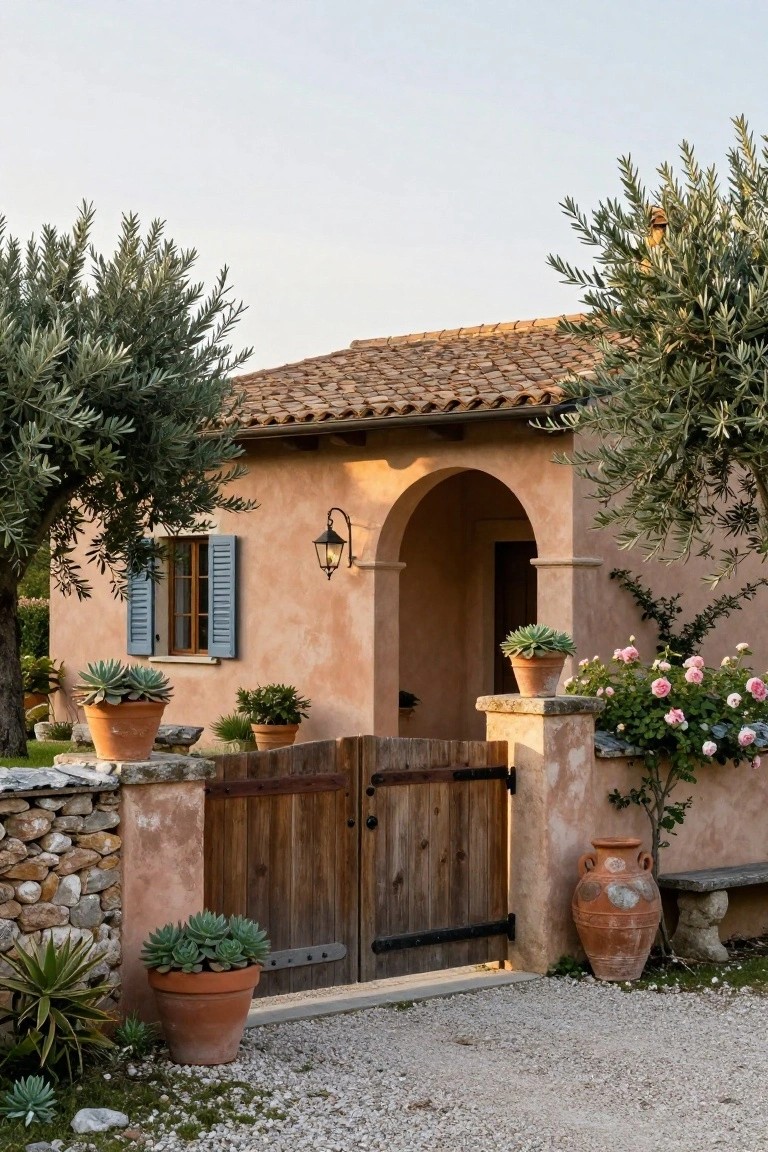 Peach stucco Tuscan-style house exterior with terracotta tile roof, blue-shuttered window, arched entry, wooden double gates in stone wall, olive trees, succulents in terracotta pots, roses, and gravel path.