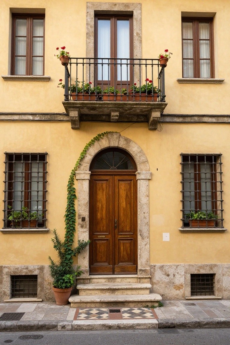 Yellow stucco house facade with central arched stone entryway and wooden double doors, climbing ivy along the arch, wrought iron window grilles and balcony railings with flower pots, potted plants by the steps, and tiled entry area on a street.