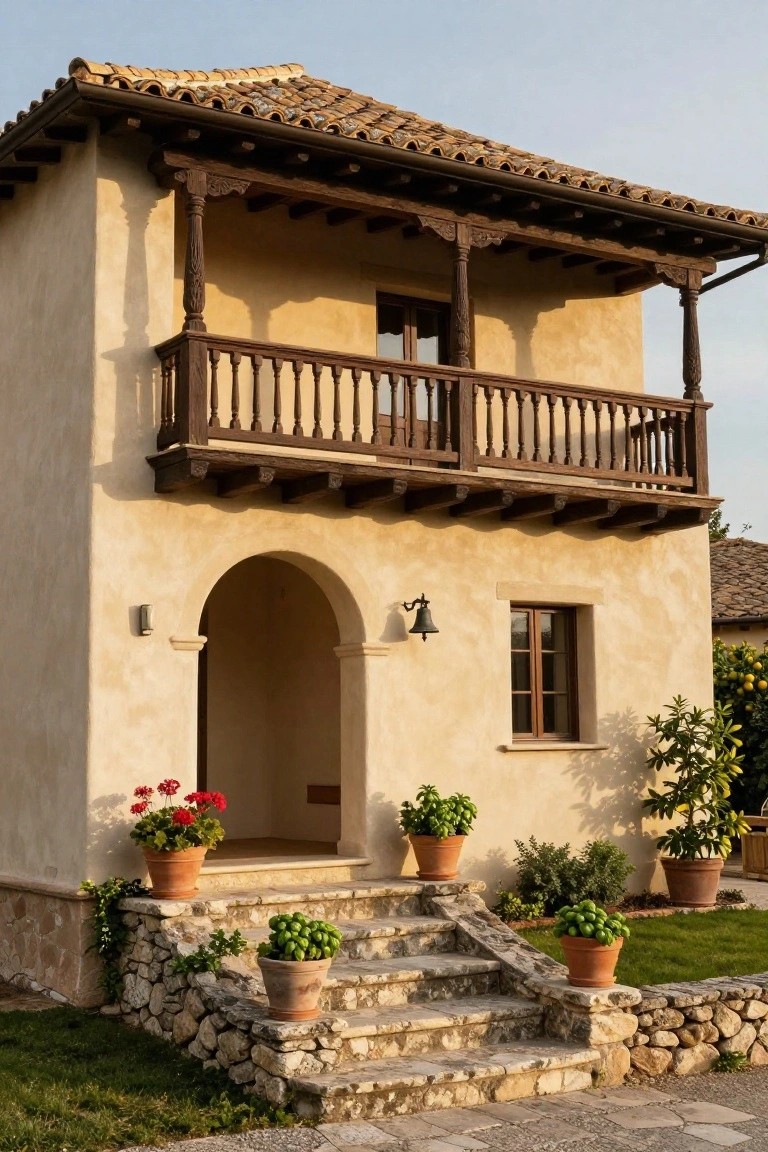 Two-story beige stucco house with wooden balcony, terracotta tile roof, arched entry doorway flanked by potted plants, stone steps, and garden bed.