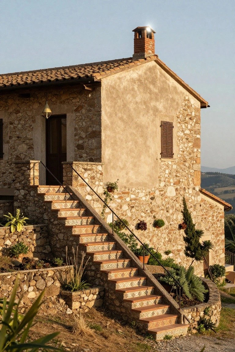 Stone and stucco Tuscan-style house with terracotta tiled staircase ascending to a wooden door, surrounded by potted plants and cypress trees on a dry hillside at dusk.