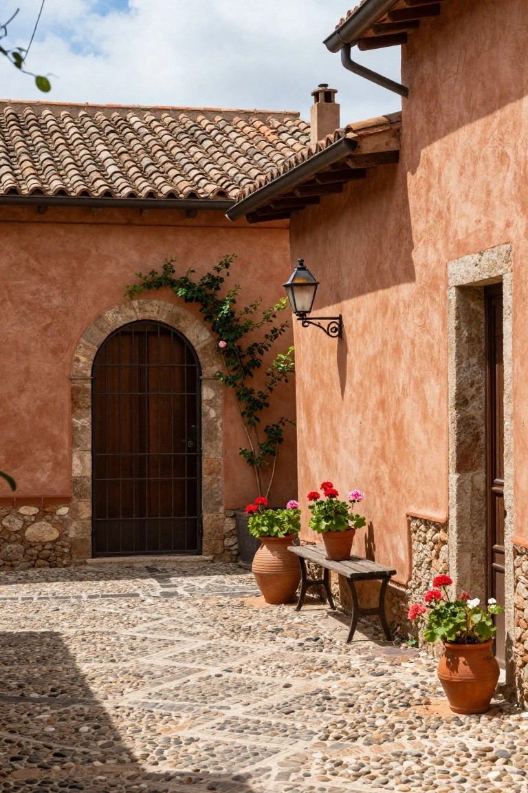 Pink stucco house exterior with terracotta roof, stone-arched dark wooden door with iron gate and climbing vine, wall lantern, potted red geraniums, wooden bench, and pebble courtyard path.