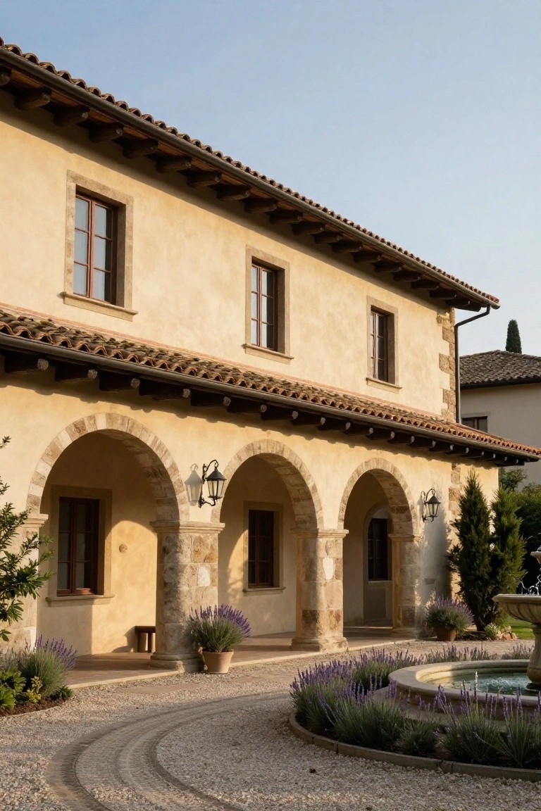 Light beige stucco house exterior with red clay tile roof, three arched doorways supported by stone columns, gravel courtyard path curving around a fountain, and lavender plantings.