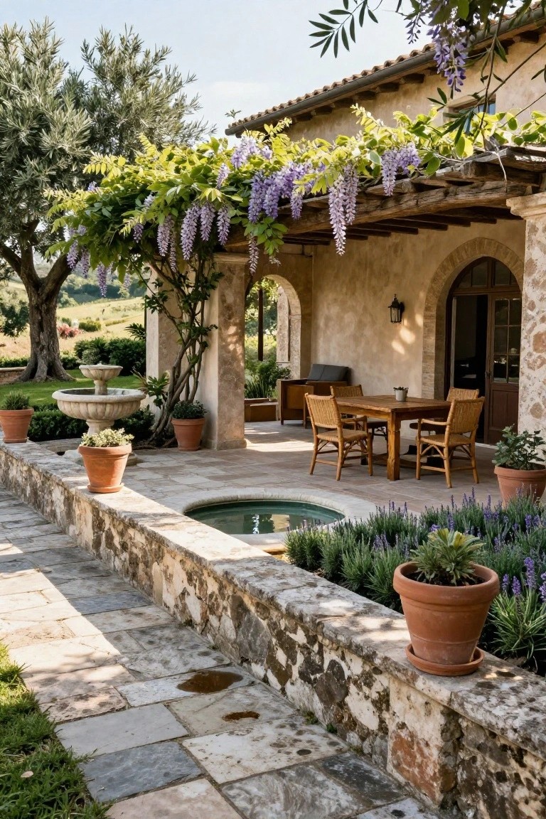 Tuscan-style outdoor terrace featuring a pergola covered in purple wisteria vines, wooden dining table with rattan chairs, adjacent small round pool, stone fountain, and terracotta potted plants along a low stone wall.