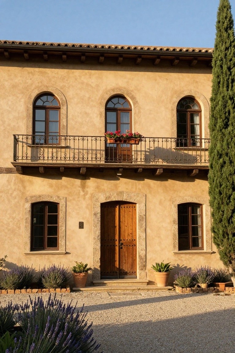 Beige stucco two-story house exterior featuring dark wooden double entry doors, arched windows, wrought-iron balcony with flower boxes, potted plants and lavender beds along the front, tall cypress tree on the right side, gravel path, under clear blue sky.
