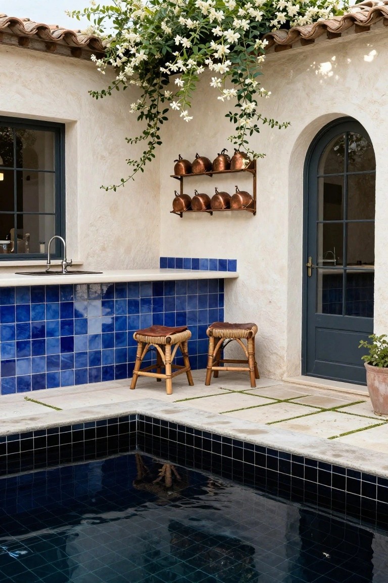 Outdoor pool corner with white countertop and blue tiled backsplash bar, two rattan stools with leather seats, copper pots on wall rack, climbing white jasmine vine on beige stucco wall, dark arched door, and black mosaic pool tiles.