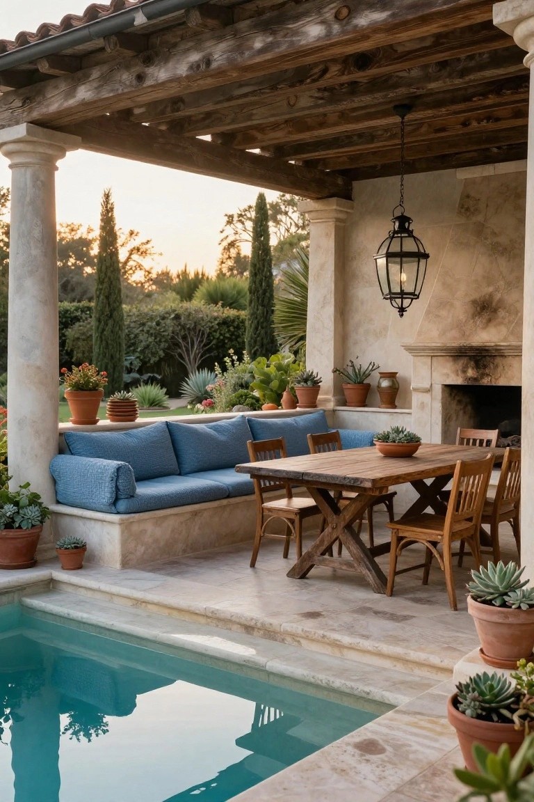 Covered stone terrace with built-in blue cushioned banquette seating, wooden dining table with chairs, potted plants, fireplace, hanging lantern, and adjacent turquoise pool.
