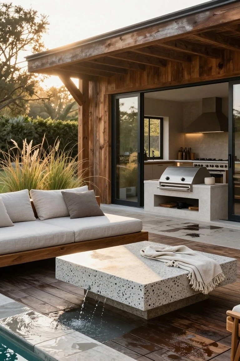 Outdoor deck with beige sofa cushions, square concrete coffee table featuring water flowing from its side into a pool basin below, built-in stainless steel BBQ nearby, and kitchen visible through open wooden-framed glass sliding doors.