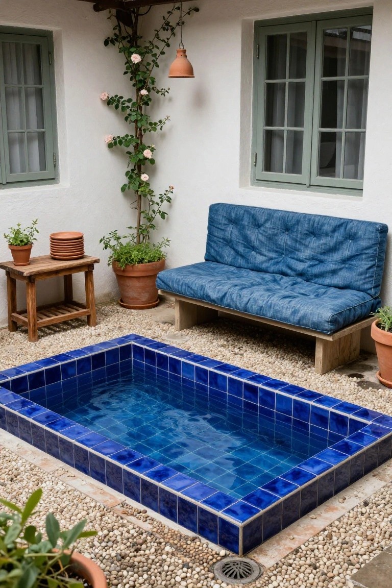 A rectangular blue-tiled plunge pool in a pebbled courtyard with white walls, green-shuttered windows, climbing roses on one wall, a blue tufted bench on a wooden frame, potted plants, and a wooden side table with terracotta plates.