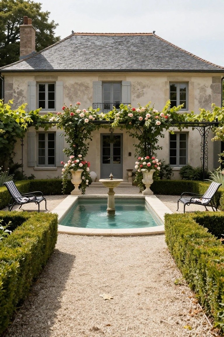 Beige stone house facade with slate roof and blue shutters facing a small rectangular turquoise pool with fountain in a gravel courtyard, flanked by boxwood hedges, striped lounge chairs, large urns of pink roses, and a metal pergola draped in climbing roses over the gray entry doors.