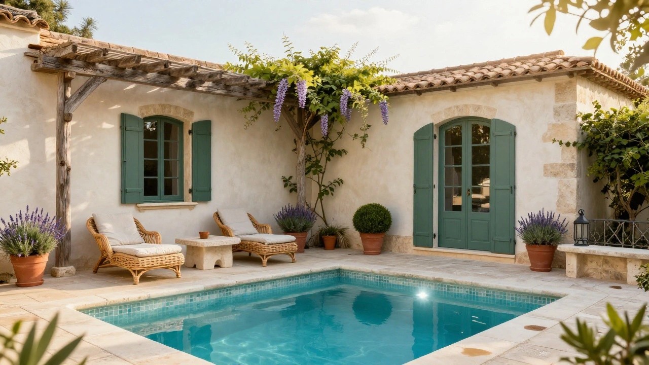 Beige stucco house wall with arched green-shuttered doors under a wooden pergola covered in green vines and purple wisteria, beside a pool terrace with two beige wicker loungers on cushions, a stone side table, potted lavender and boxwood plants, and a turquoise pool.