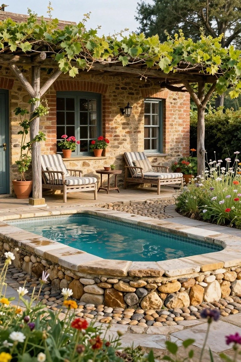 Rustic brick and stone house wall under wooden pergola draped with green grapevines, two striped upholstered lounge chairs on tiled patio next to small rectangular turquoise pool with stone and pebble borders surrounded by flower gardens.