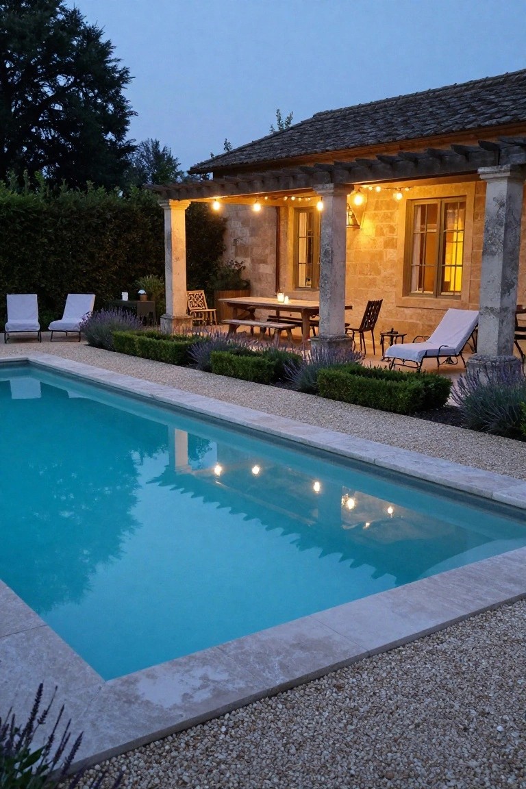 Rectangular turquoise pool at dusk next to a stone house with pergola-covered terrace holding a long dining table, chairs, loungers, lavender plants, boxwoods, gravel paths, and string lights.
