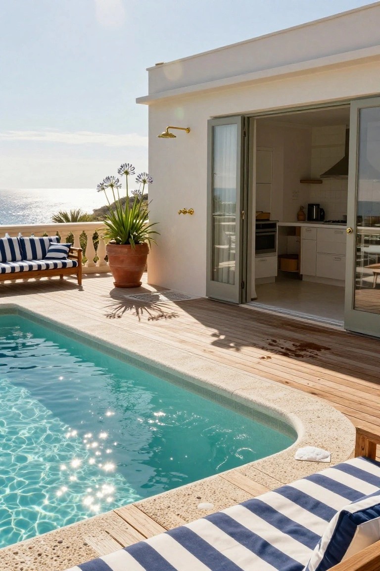 White modern house with open green sliding glass doors from white kitchen to wooden deck beside turquoise pool, gold outdoor shower, large potted agave plants, blue-striped lounge chairs, and ocean view.