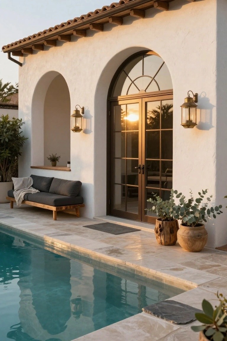 White stucco house wall with arched double doors, brass lanterns, and a low wooden daybed with gray cushions on the pool deck edge, potted plants nearby.
