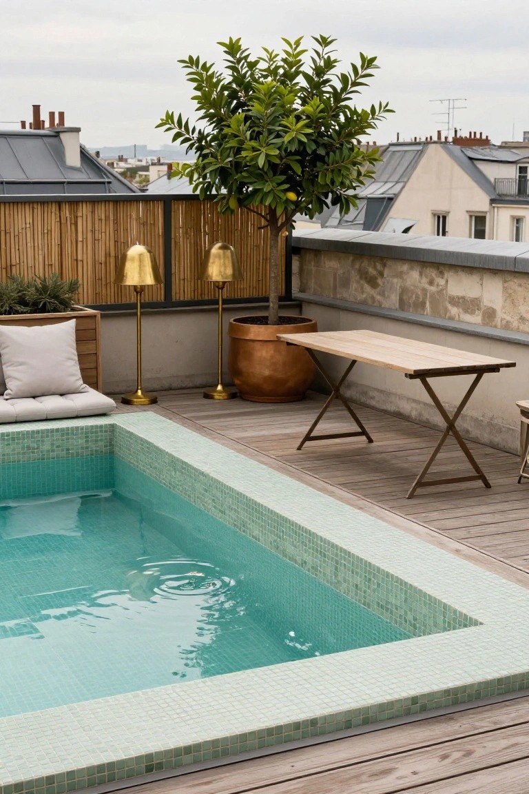 Rooftop terrace with turquoise mosaic pool edged by wooden deck, white cushioned lounge seat, wooden trestle table, potted orange tree in copper pot, gold floor lamps, and bamboo fencing overlooking Paris rooftops.