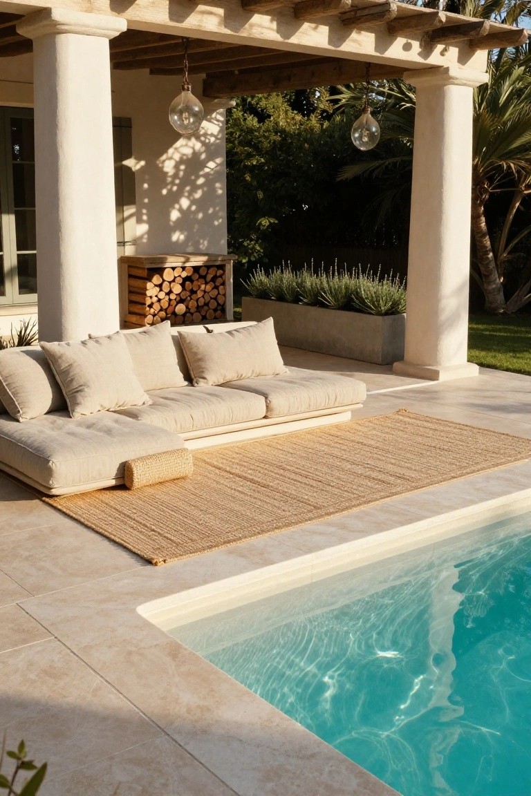 Cream L-shaped outdoor sofa with multiple cushions on a light tiled terrace next to a small turquoise pool, under a wooden pergola supported by white columns, with a seagrass rug, firewood stack, and potted plants nearby.